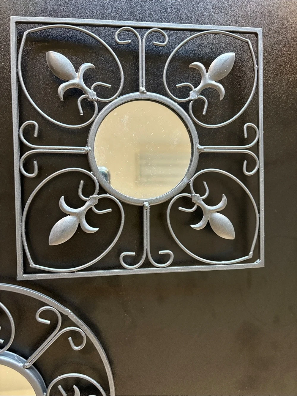 Decorative Gray Wall Mirror Set - 3-Piece Metal Fleur Design